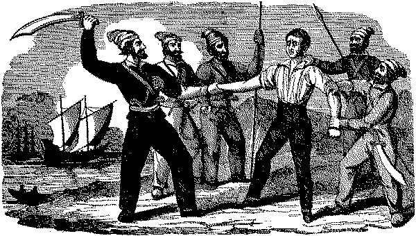 Old timey engraving of pirates about to cut a person’s arm off